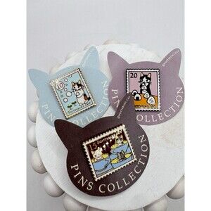 Kawaii Cats Enamel Pins NEW Pottering Cat Lot Of 3 Postage Stamps Mochi